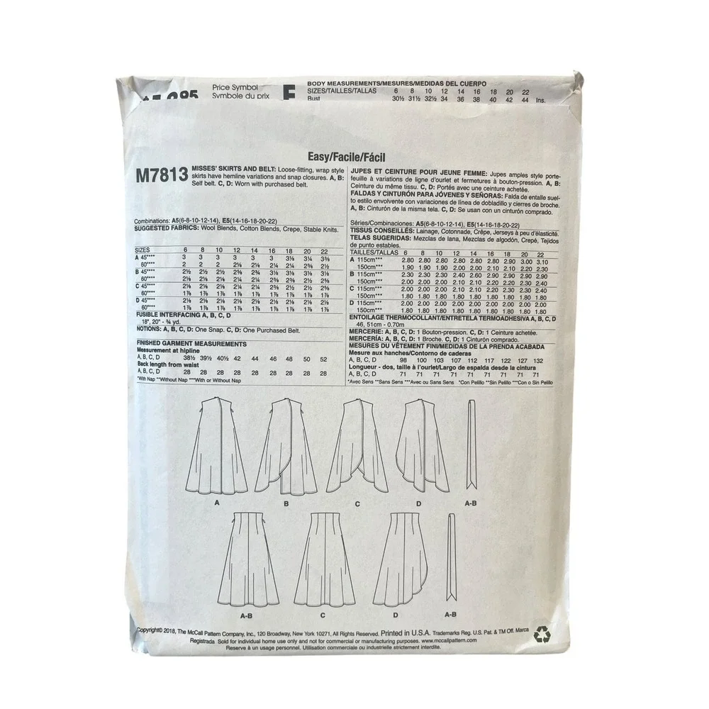 McCall's M7813 Wrap Skirt Pattern Misses 14-22 Multicolor Asymmetric Modern